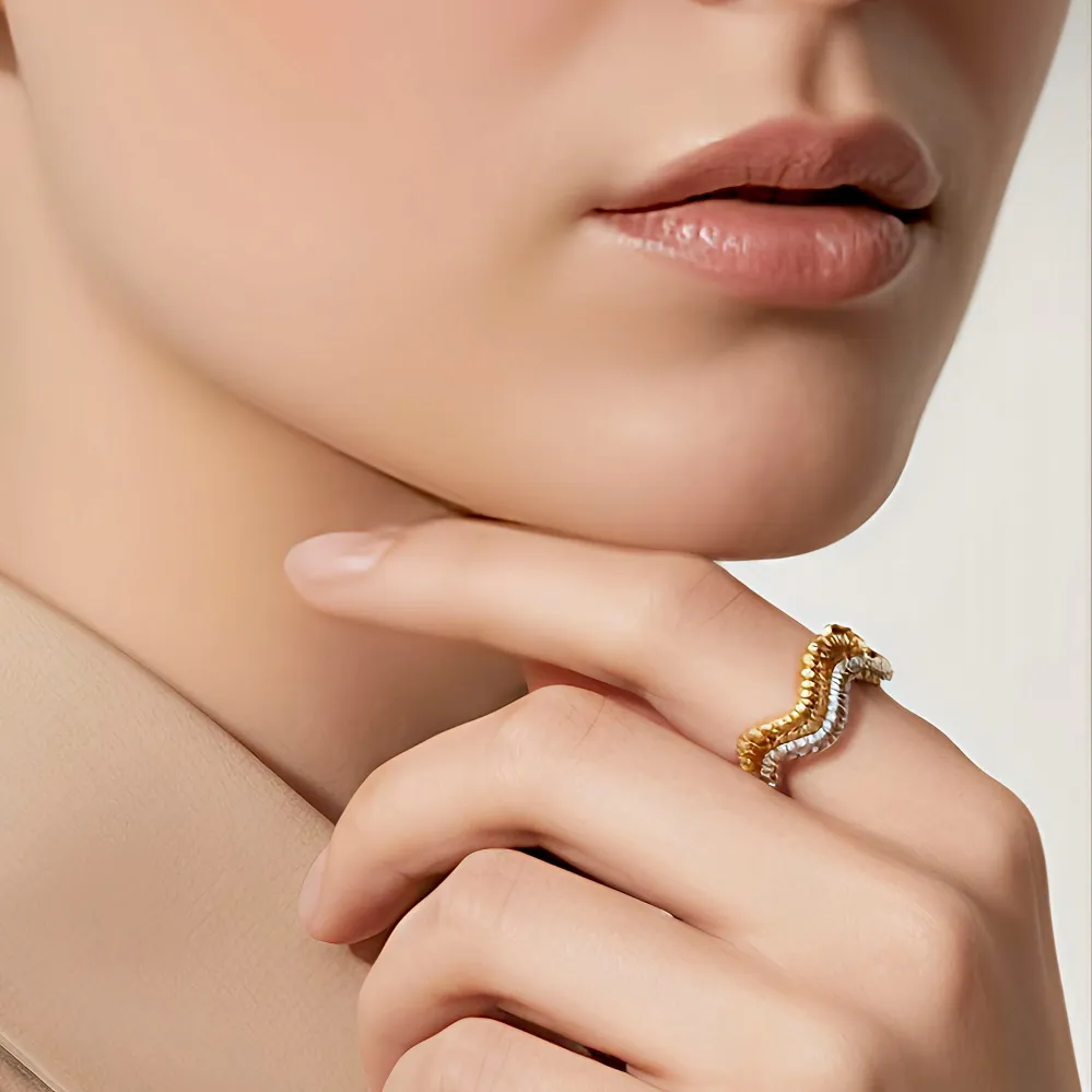 Δίχρωμο Σετ Δαχτυλίδια Ζιγκ-Ζαγκ Ατσάλι