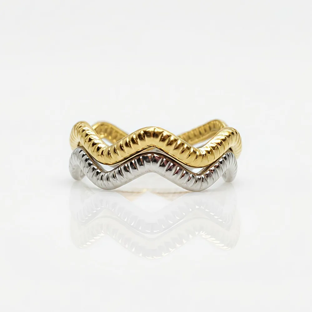 Δίχρωμο Σετ Δαχτυλίδια Ζιγκ-Ζαγκ Ατσάλι