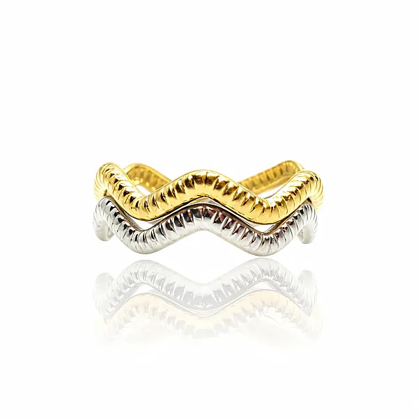 Δίχρωμο Σετ Δαχτυλίδια Ζιγκ-Ζαγκ Ατσάλι
