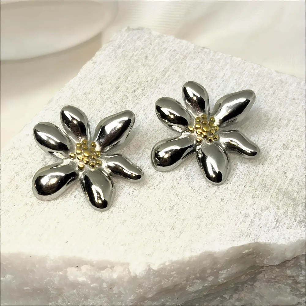 Σκουλαρίκια ατσάλι λουλούδι δίχρωμο