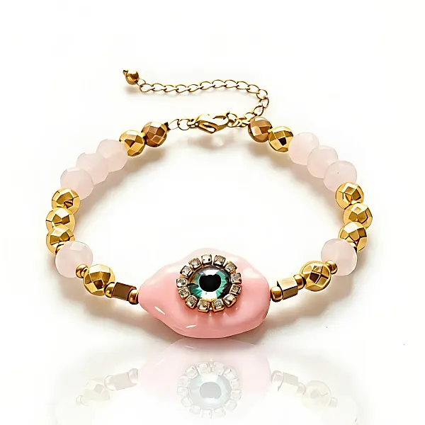 Ανοξείδωτο Βραχιόλι με Χρυσό Αιματίτη, Κρύσταλλα & Μάτι