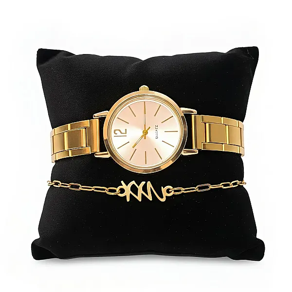 Σετ Γυναικείο Ρολόι Ατσάλι Χρυσό & Βραχιόλι Γούρι 2026