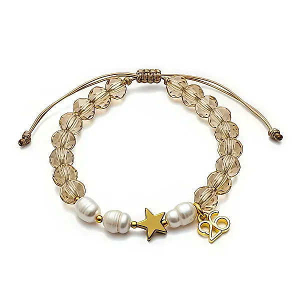 Βραχιόλι Γούρι 2026 με Κρύσταλλα, Μαργαριτάρια & Αστέρι Αιματίτη  χρώμα σαμπάνι