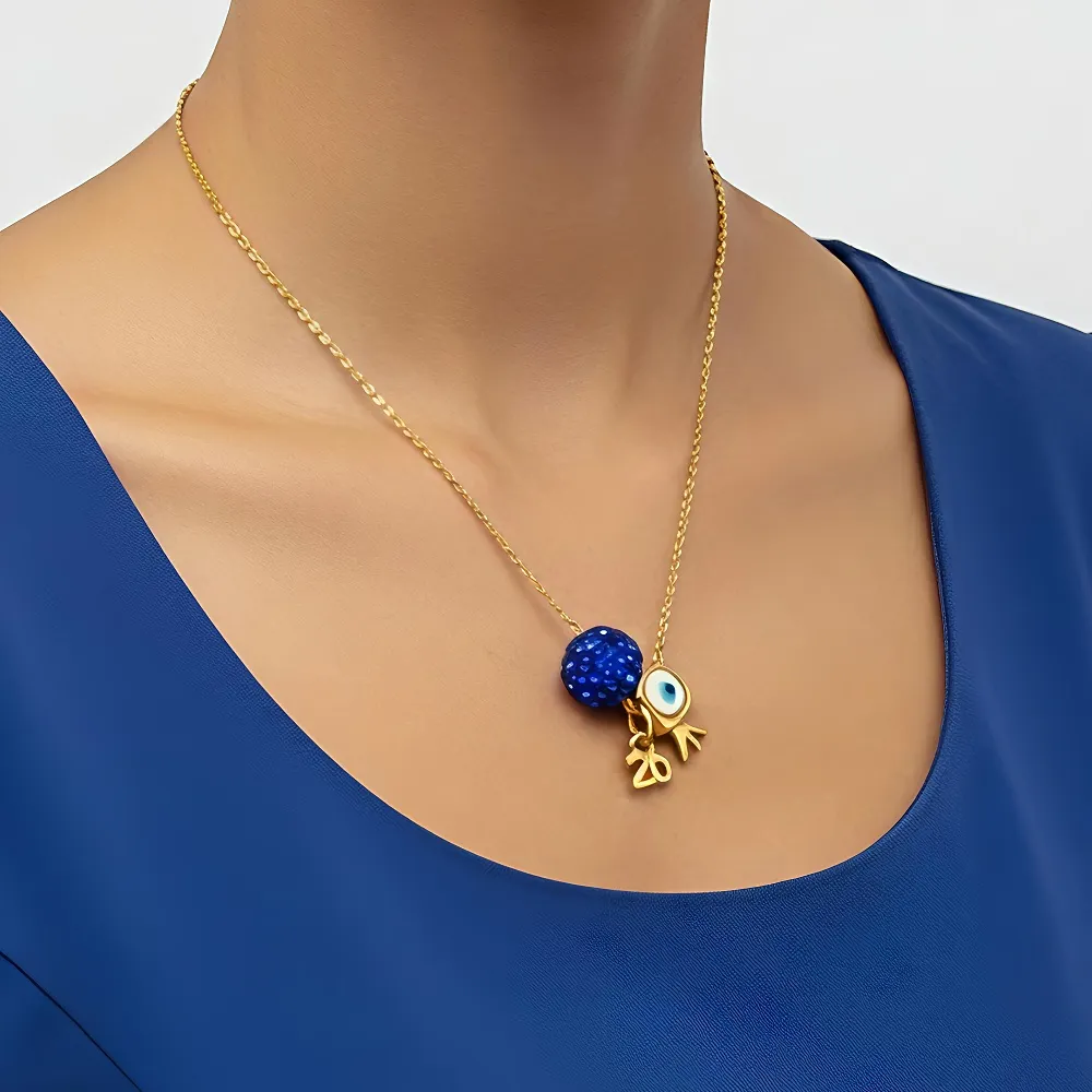 Κολιέ γούρι από ανοξείδωτο ατσάλι με ρόδι & μπλε χάντρα με στρας