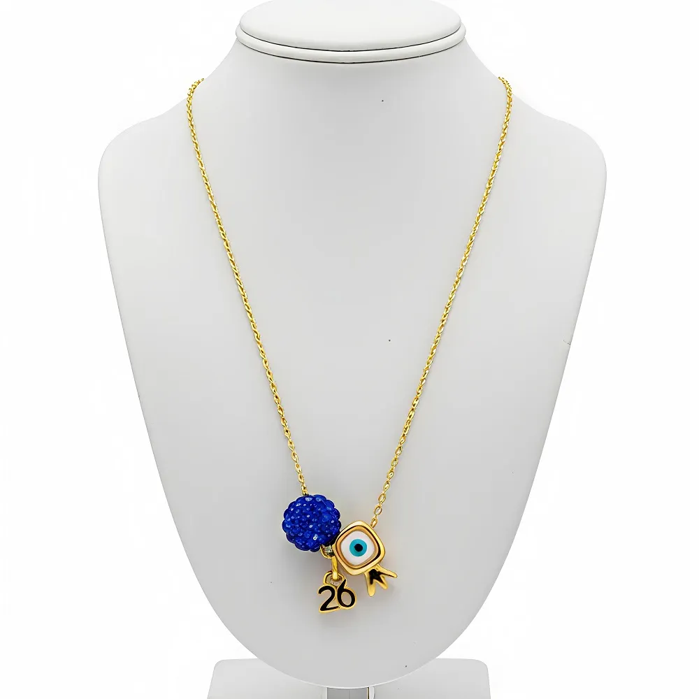 Κολιέ γούρι από ανοξείδωτο ατσάλι με ρόδι & μπλε χάντρα με στρας