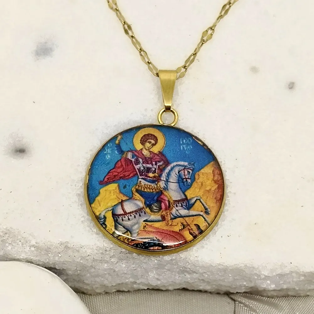 Χειροποίητο Φυλαχτό Άγιος Γεώργιος από ατσάλι επίχρυσο με υγρό γυαλί χειροποίητο