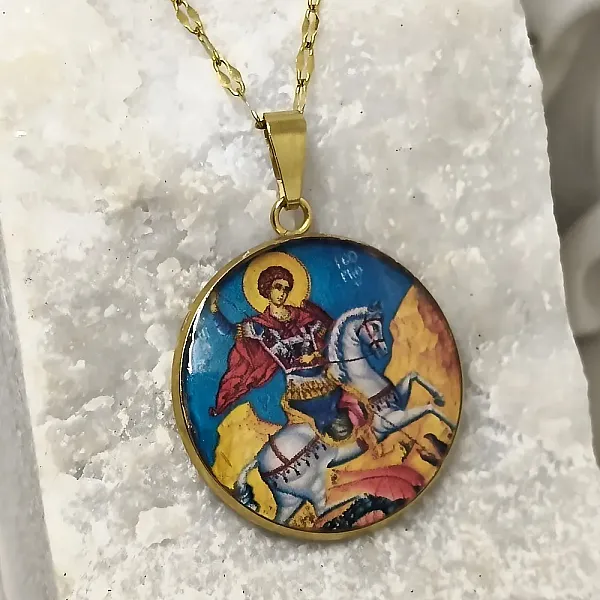 Χειροποίητο Φυλαχτό Άγιος Γεώργιος από ατσάλι επίχρυσο με υγρό γυαλί χειροποίητο