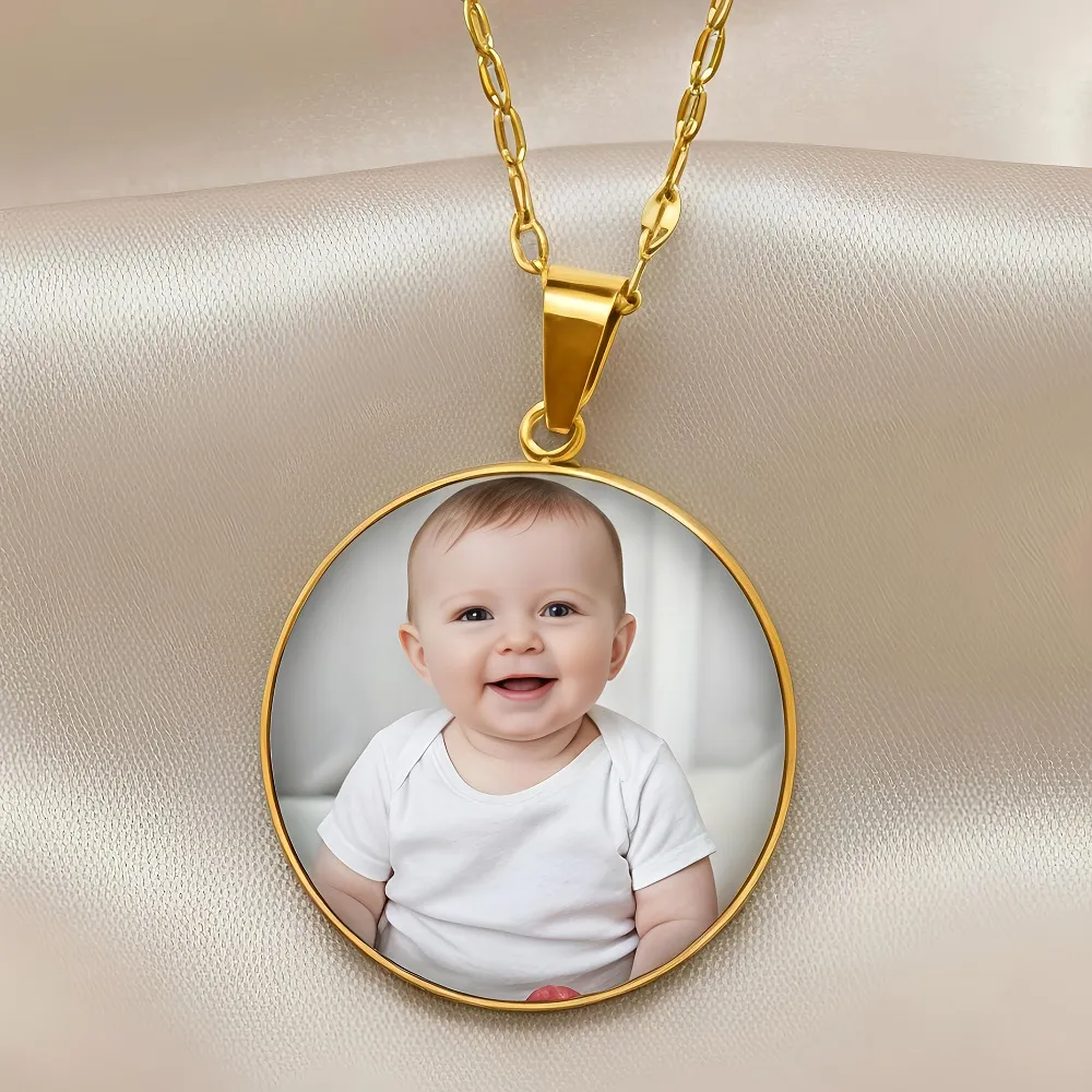 Προσωποποιημένο στρογγυλό μενταγιόν με φωτογραφία χρυσό ατσάλι
