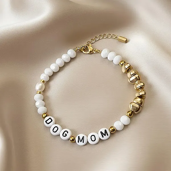 Βραχιόλι Dog Mom με Λευκά Κρύσταλλα  Ατσάλι