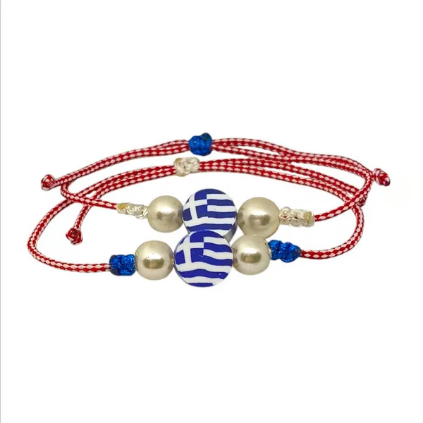 Σετ Βραχιόλια Μάρτης Λευκό Κόκκινο με Ελληνική Σημαία και Πέρλες