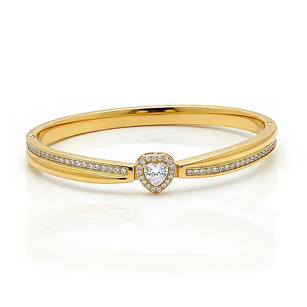 Χρυσό Βραχιόλι Χειροπέδα από Ανοξείδωτο Ατσάλι με Ζιργκόν Καρδιά