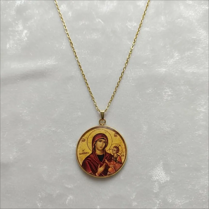 Φυλαχτό Παναγία Οδηγήτρια Μενταγιόν από Ανοξείδωτο Ατσάλι με Υγρό Γυαλί Χειροποίητο