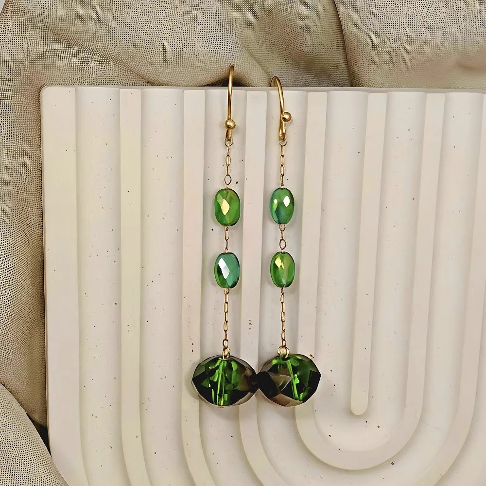 Σκουλαρίκια  Γυναικεία  Αλυσίδα με Πράσινα Κρύσταλλα  Ατσάλι Χειροποίητα