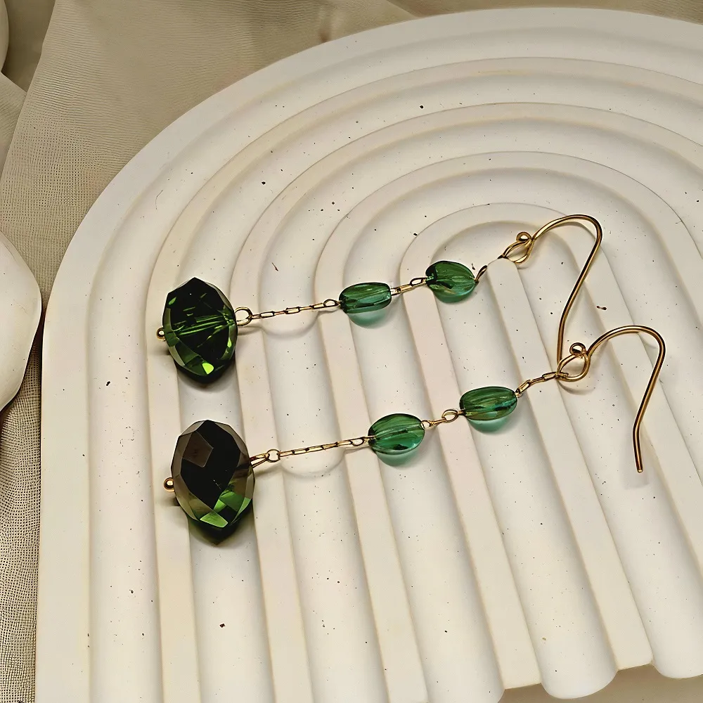 Σκουλαρίκια  Γυναικεία  Αλυσίδα με Πράσινα Κρύσταλλα  Ατσάλι Χειροποίητα