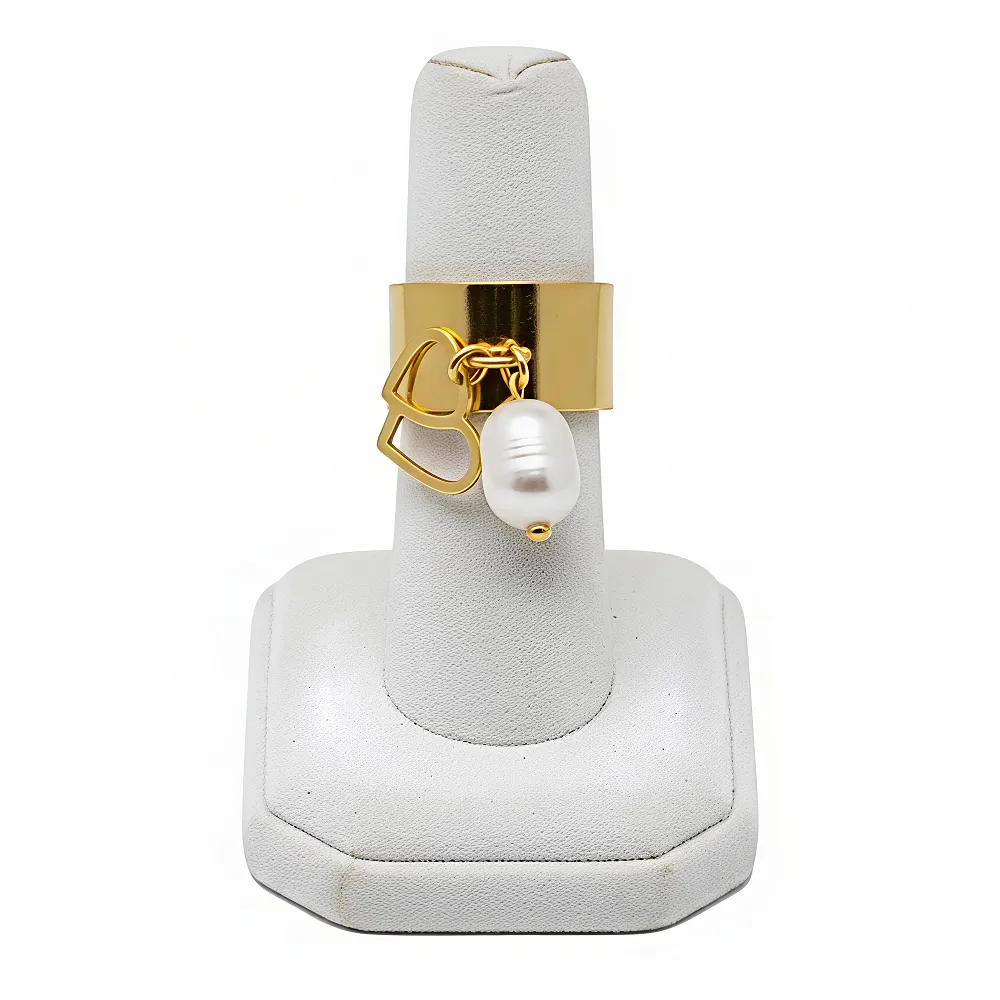 Δαχτυλίδι Γυναικείο Ανοξείδωτο Ατσάλι One Size με Μαργαριτάρι Γλυκού Νερού και Minimal Καρδιές