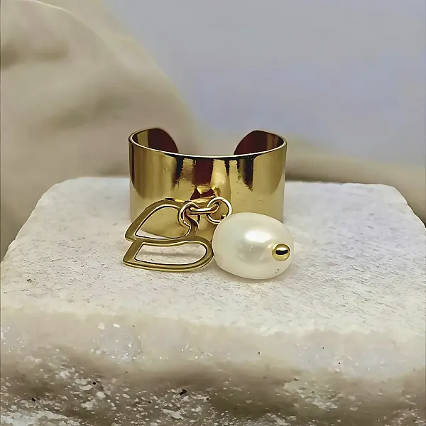 Δαχτυλίδι Γυναικείο Ανοξείδωτο Ατσάλι One Size με Μαργαριτάρι Γλυκού Νερού και Minimal Καρδιές