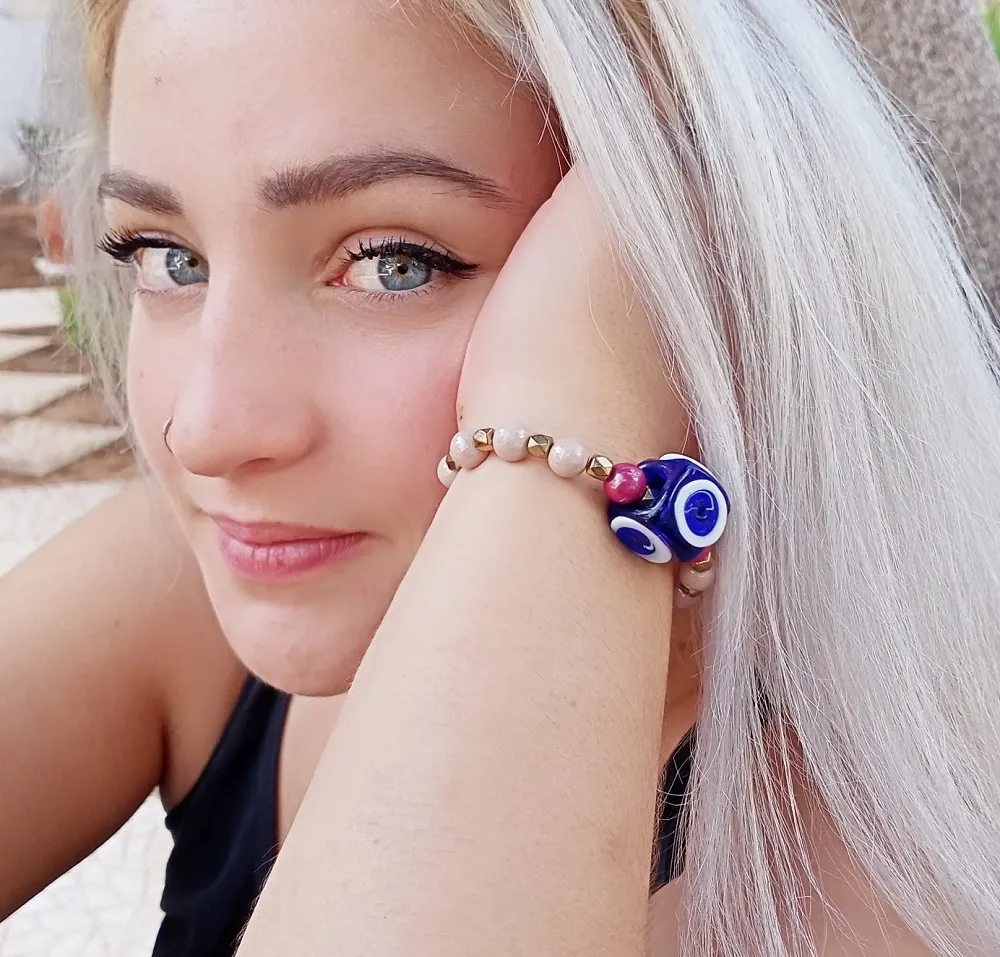Χειροποίητο  Γυναικείο Βραχιόλι Κεραμικές Χάντρες Μάτι Γυάλινο