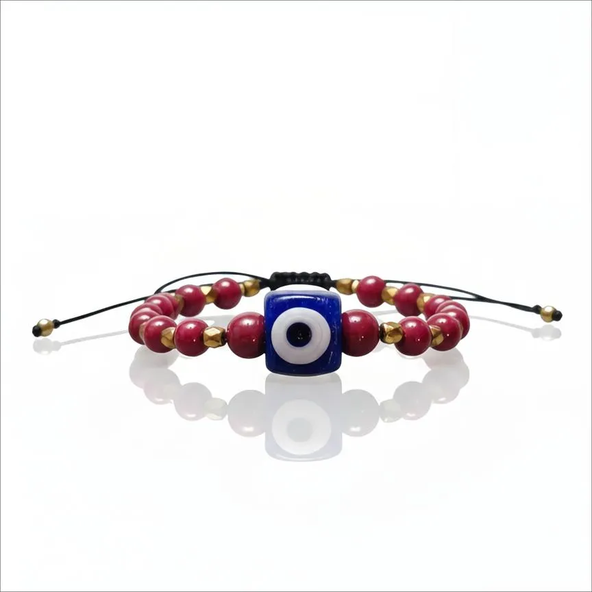 Χειροποίητο Γυναικείο Βραχιόλι Κεραμικές Χάντρες Μάτι Γυάλινο Μπορντό
