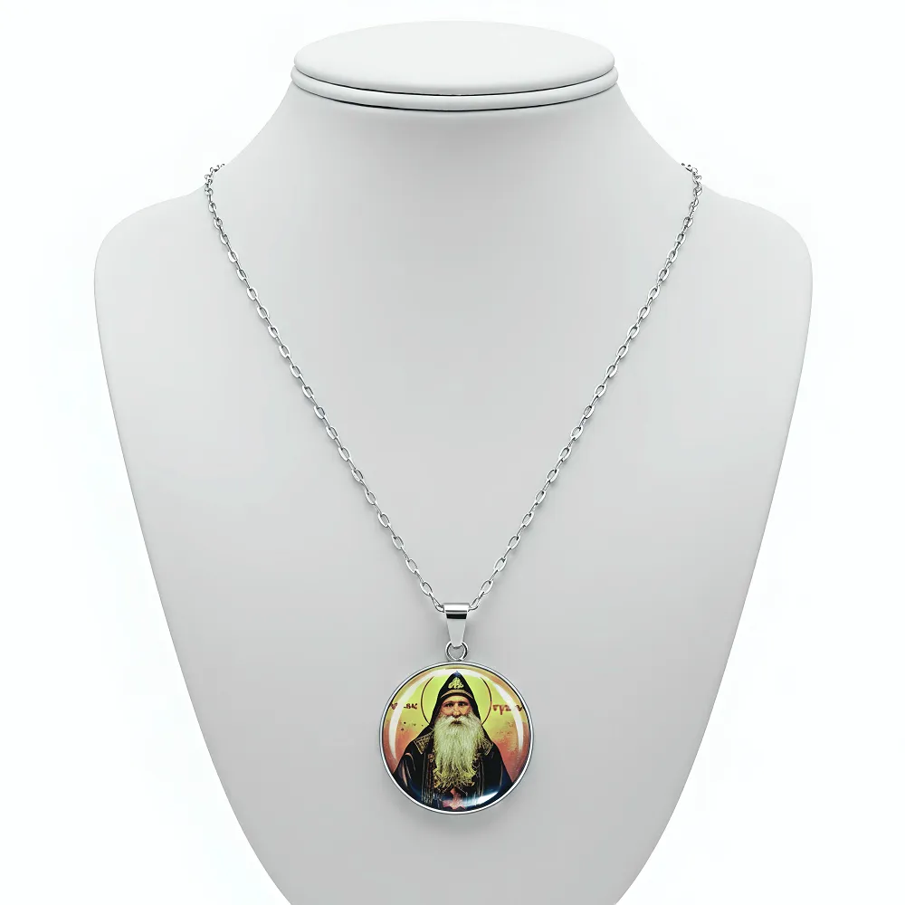 Φυλαχτό Όσιος Τύχων ο Αγιορείτης Ατσάλι Ασημί με Υγρό Γυαλί