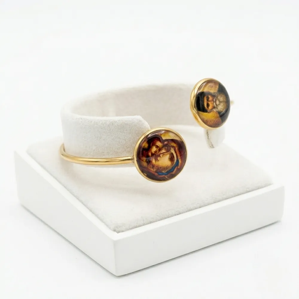 Γυναικείο Φυλαχτό Βραχιόλι Χειροπέδα από Ατσάλι Χρυσό με Παναγία και Άγιο Παΐσιο