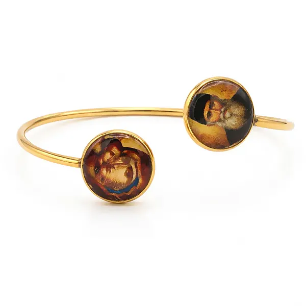 Γυναικείο Φυλαχτό Βραχιόλι Χειροπέδα από Ατσάλι Χρυσό με Παναγία και Άγιο Παΐσιο