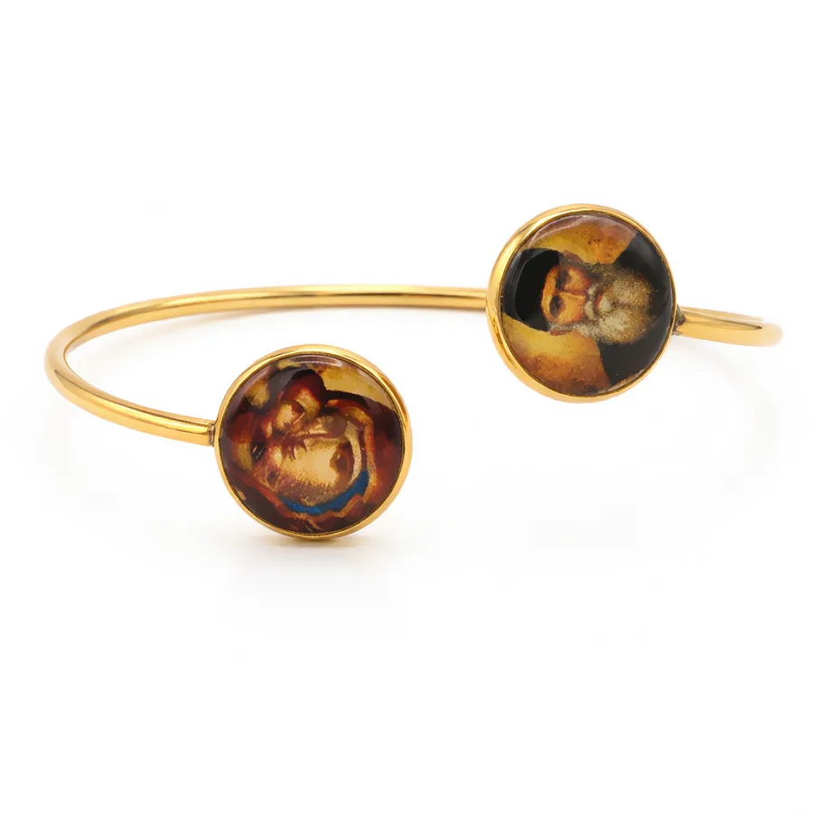 Γυναικείο Φυλαχτό Βραχιόλι Χειροπέδα από Ατσάλι Χρυσό με Παναγία και Άγιο Παΐσιο