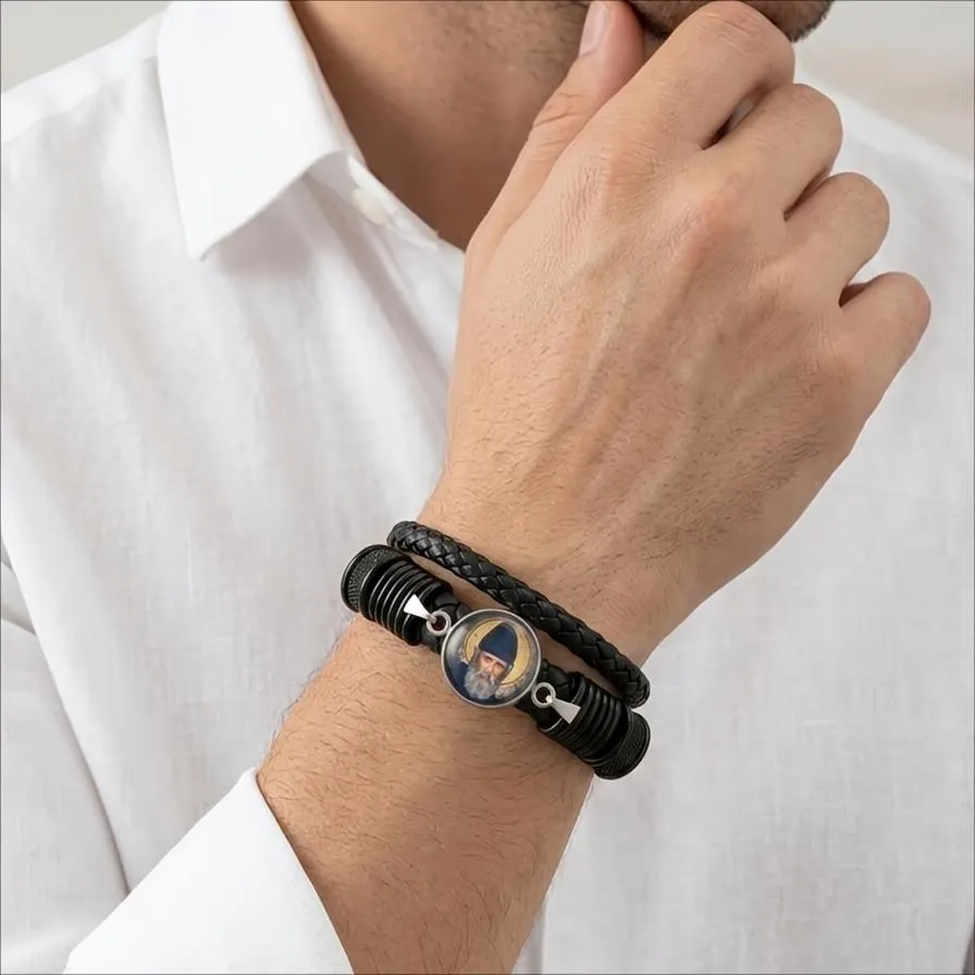 Ανδρικό Δερμάτινο Βραχιόλι με Άγιο Παΐσιο από Ανοξείδωτο Ατσάλι