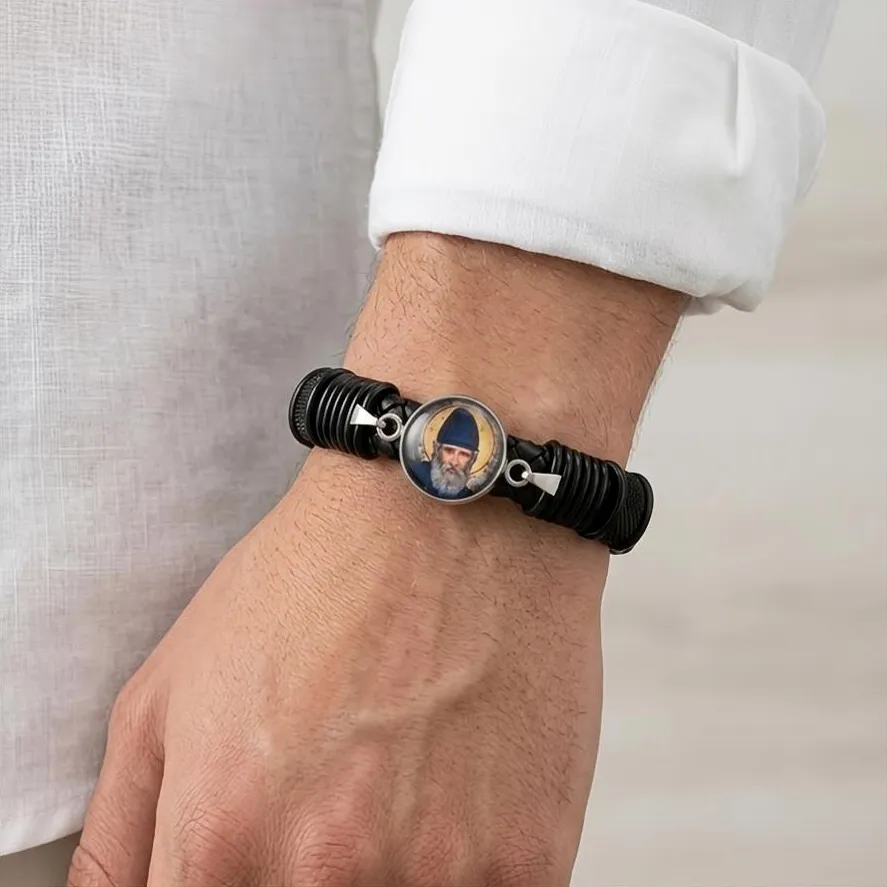 Ανδρικό Δερμάτινο Βραχιόλι με Άγιο Παΐσιο από Ανοξείδωτο Ατσάλι