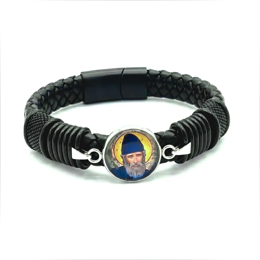 Ανδρικό Δερμάτινο Βραχιόλι με Άγιο Παΐσιο από Ανοξείδωτο Ατσάλι