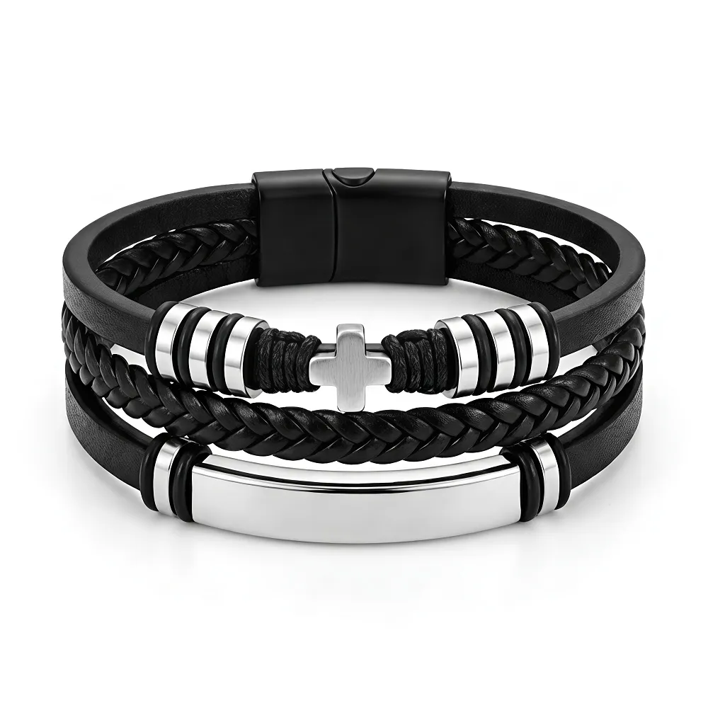 Ανδρικό Δερμάτινο Βραχιόλι με Σταυρό από Ατσάλι