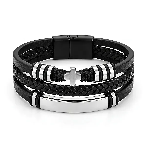 Ανδρικό Δερμάτινο Βραχιόλι με Σταυρό από Ατσάλι