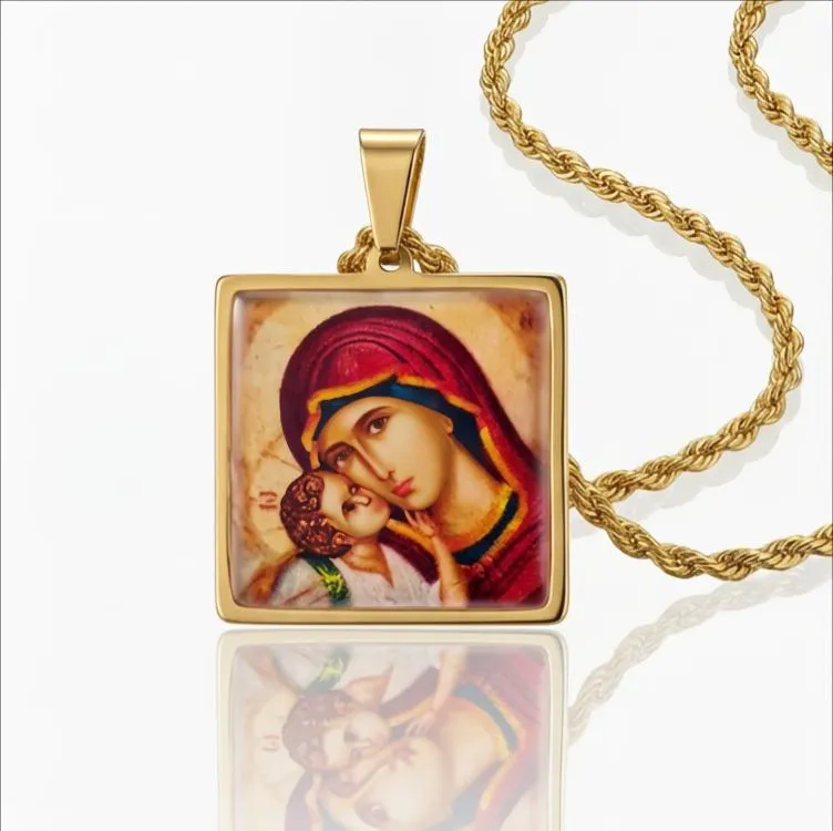 Τετράγωνο  Μενταγιόν  Φυλαχτό Παναγία με το Θείο Βρέφος Ατσάλι