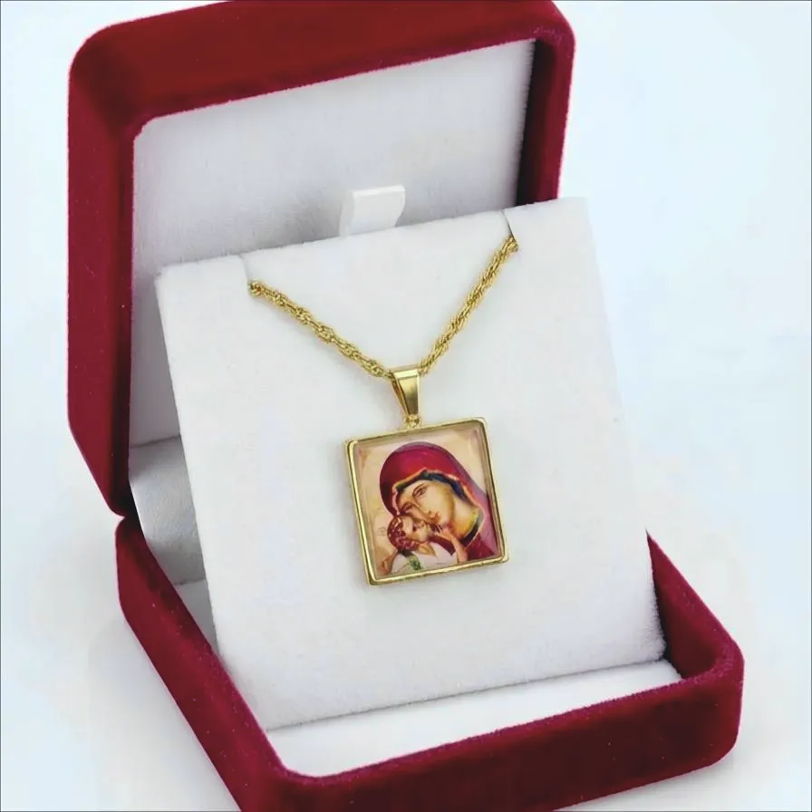 Τετράγωνο  Μενταγιόν  Φυλαχτό Παναγία με το Θείο Βρέφος Ατσάλι