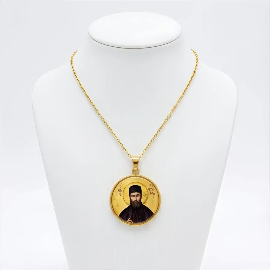 Φυλαχτό Λαιμού Άγιος Εφραίμ Στρογγυλό Από Ατσάλι με Υγρό Γυαλί