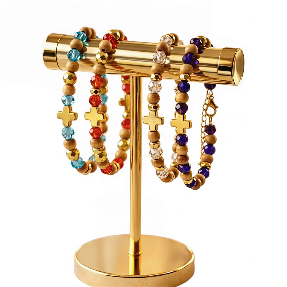 Βραχιόλι Σταυρός από Ατσάλι με Κρύσταλλα Ξύλινες Χάντρες & Αιματίτη Επιχρυσωμένο