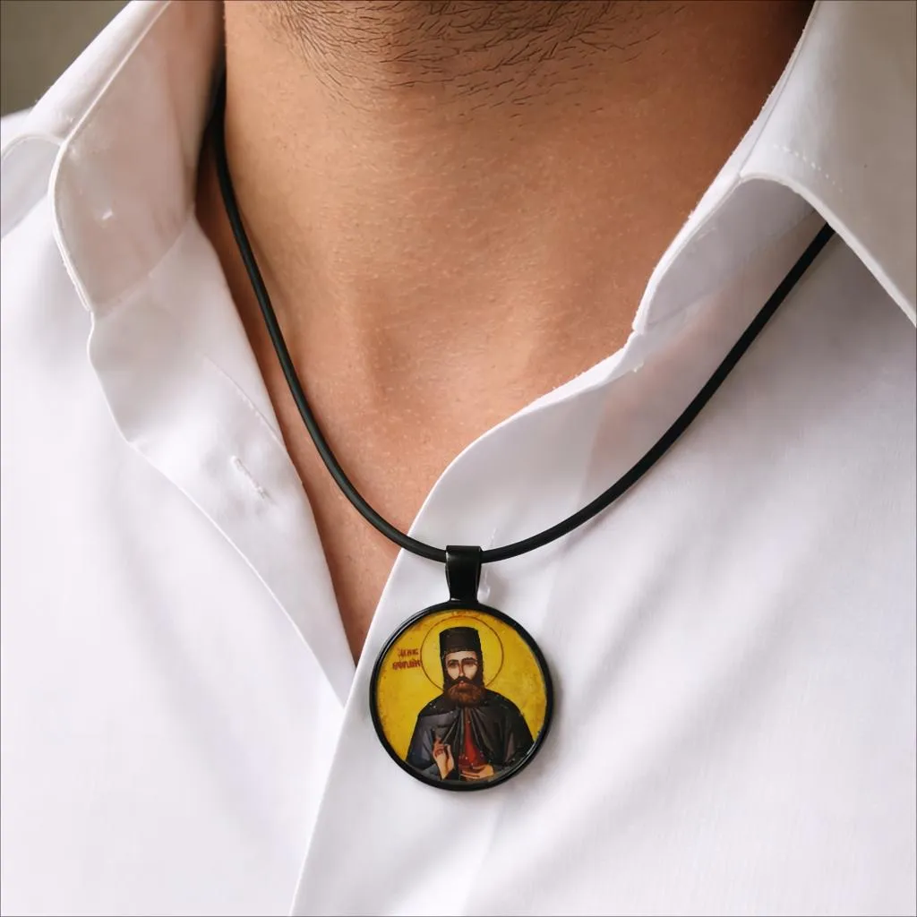 Αντρικό  Φυλαχτό Άγιος  Εφραίμ Μαύρο από Ανοξείδωτο Ατσάλι με Κορδόνι Καουτσούκ