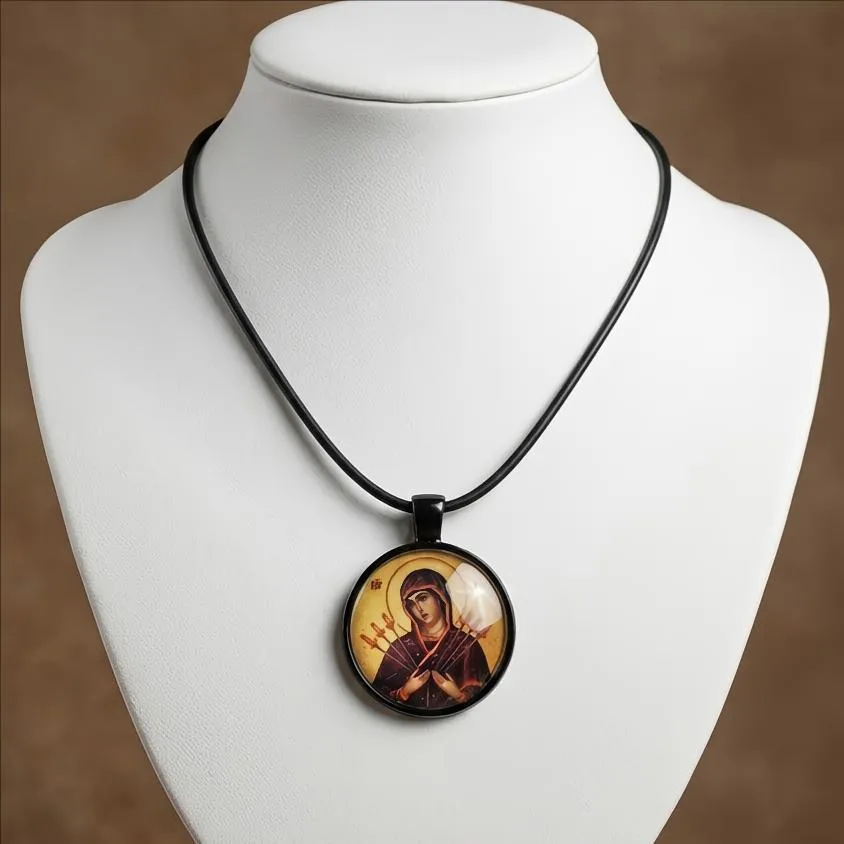 Ανδρικό Φυλαχτό Παναγία Εφτάσπαθη Μαύρο Ατσάλι με Καουτσούκ Κορδόνι