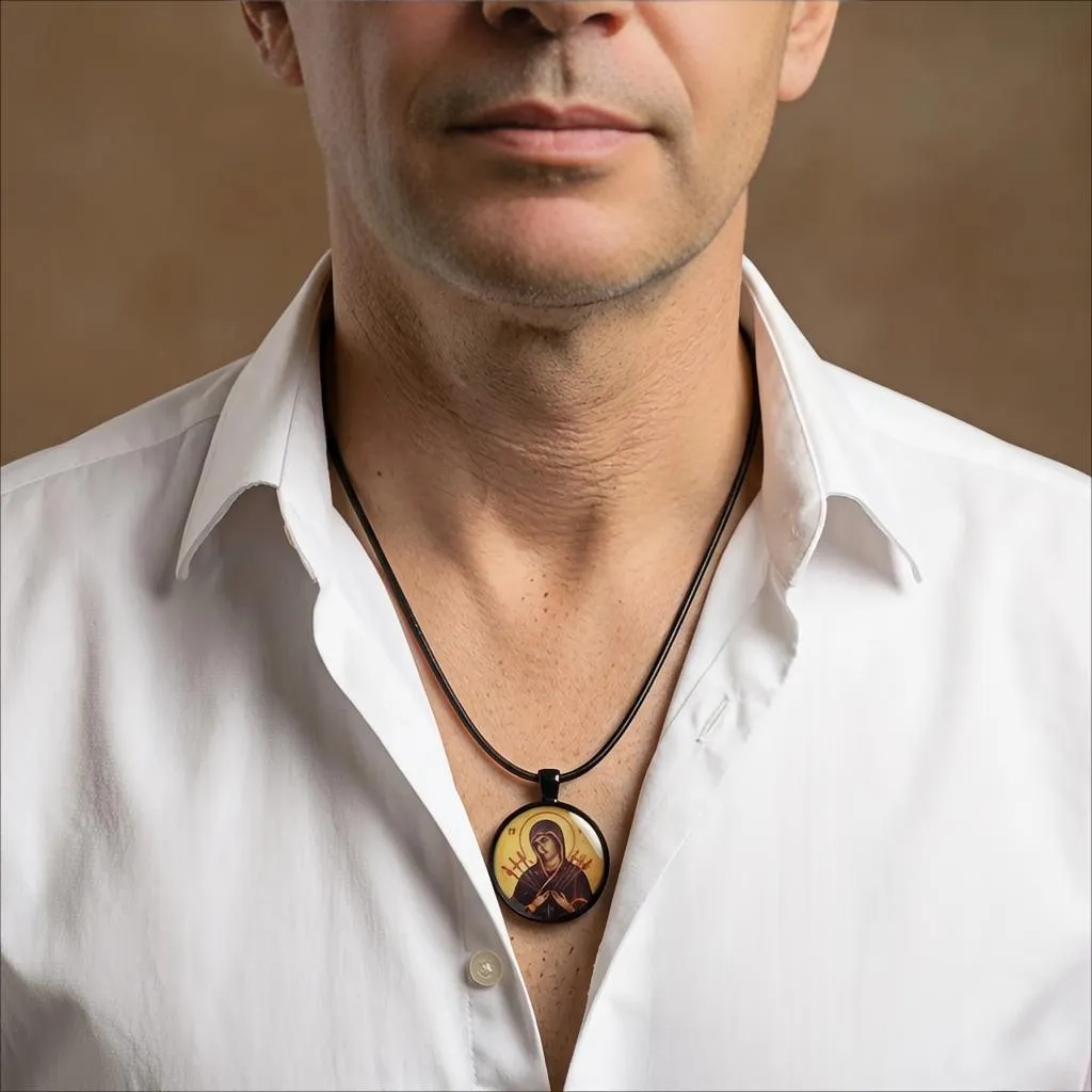 Ανδρικό Φυλαχτό Παναγία Εφτάσπαθη Μαύρο Ατσάλι με Καουτσούκ Κορδόνι