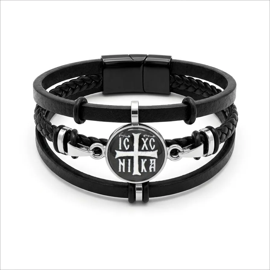 Ανδρικό δερμάτινο βραχιόλι με σταυρό Ιησούς Χριστός Νικά