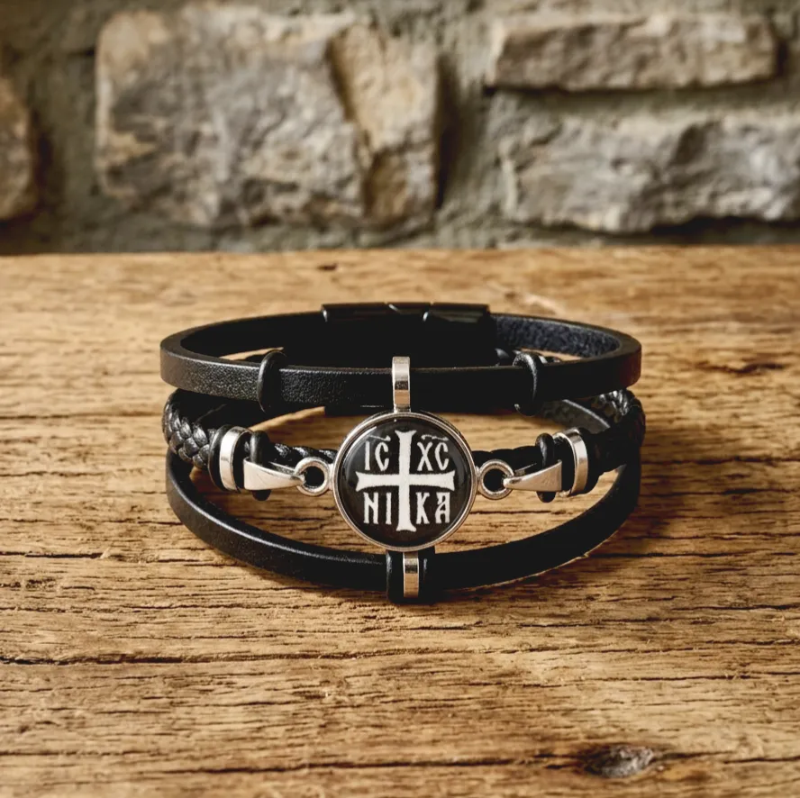 Ανδρικό δερμάτινο βραχιόλι με σταυρό Ιησούς Χριστός Νικά