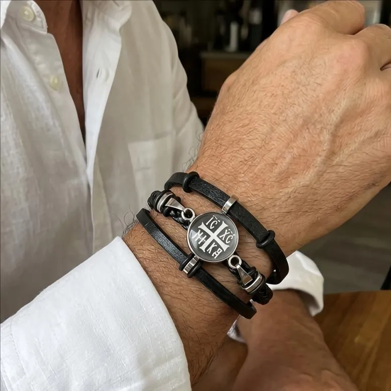 Ανδρικό δερμάτινο βραχιόλι με σταυρό Ιησούς Χριστός Νικά