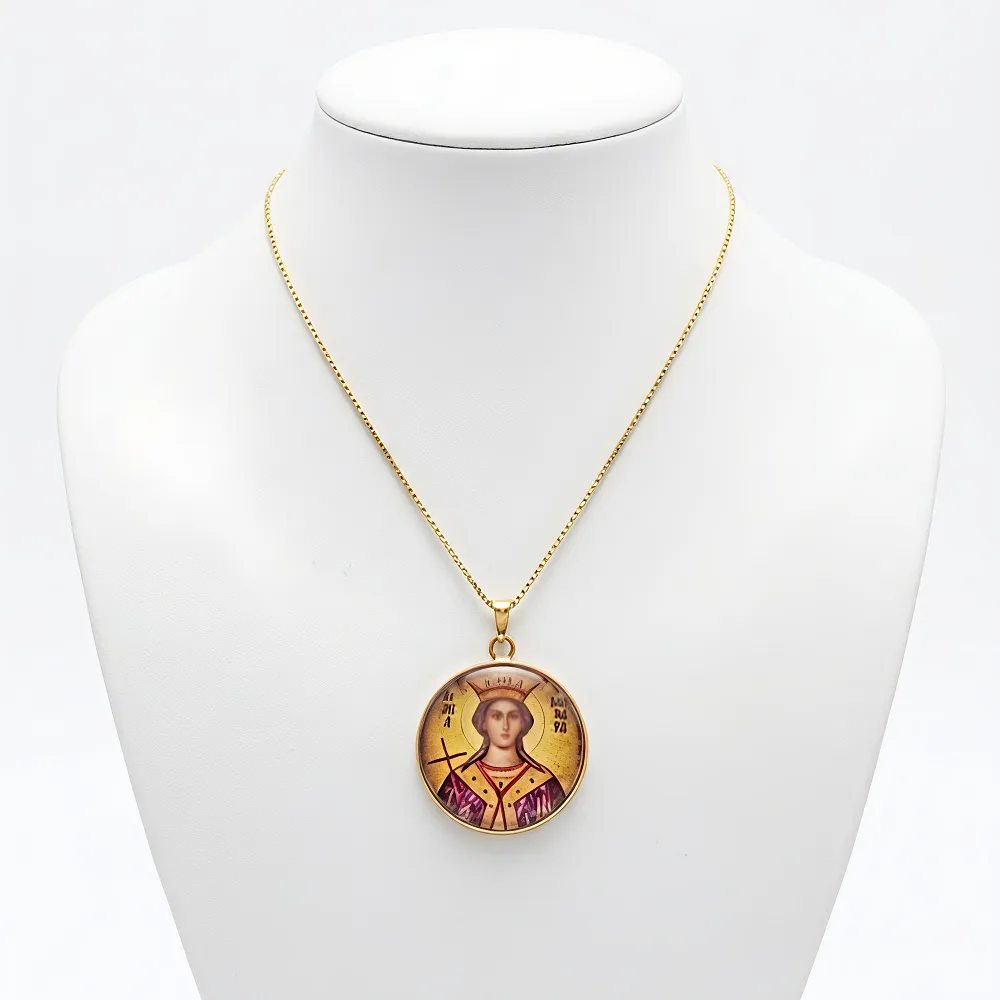 Φυλαχτό Λαιμού Αγία Βαρβάρα από Ανοξείδωτο Ατσάλι με Υγρό Γυαλί