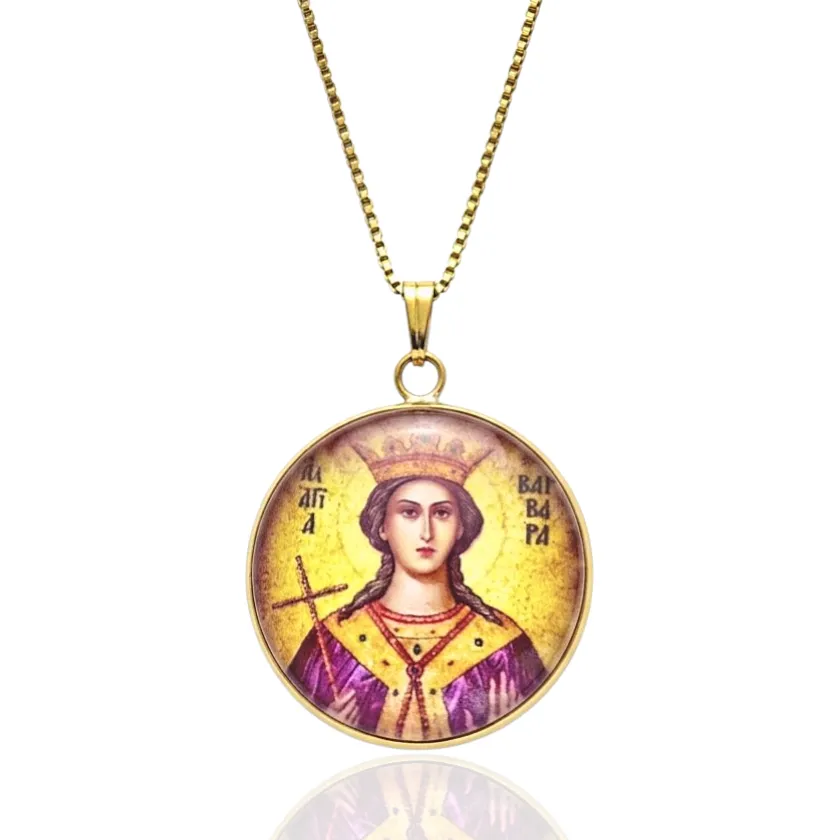 Φυλαχτό Λαιμού Αγία Βαρβάρα από Ανοξείδωτο Ατσάλι με Υγρό Γυαλί