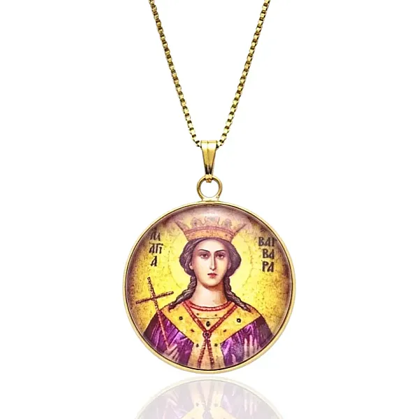 Φυλαχτό Λαιμού Αγία Βαρβάρα από Ανοξείδωτο Ατσάλι με Υγρό Γυαλί