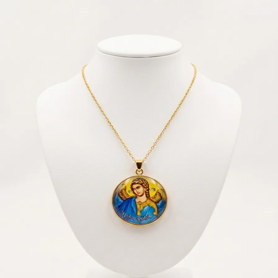 Φυλαχτό Μενταγιόν Άγγελος Φύλακας από Ανοξείδωτο Ατσάλι με Υγρό Γυαλί