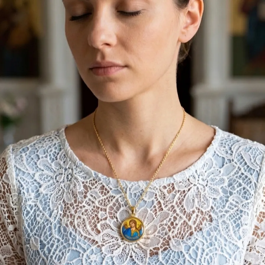 Φυλαχτό Μενταγιόν Άγγελος Φύλακας από Ανοξείδωτο Ατσάλι με Υγρό Γυαλί