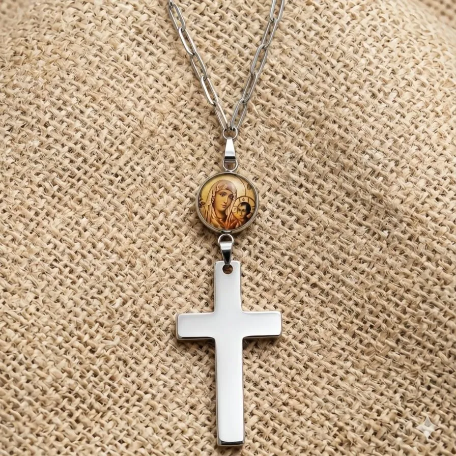 Φυλαχτό Αυτοκινήτου Παναγία Ιεροσολυμίτισσα από Ανοξείδωτο Ατσάλι με Σταυρό