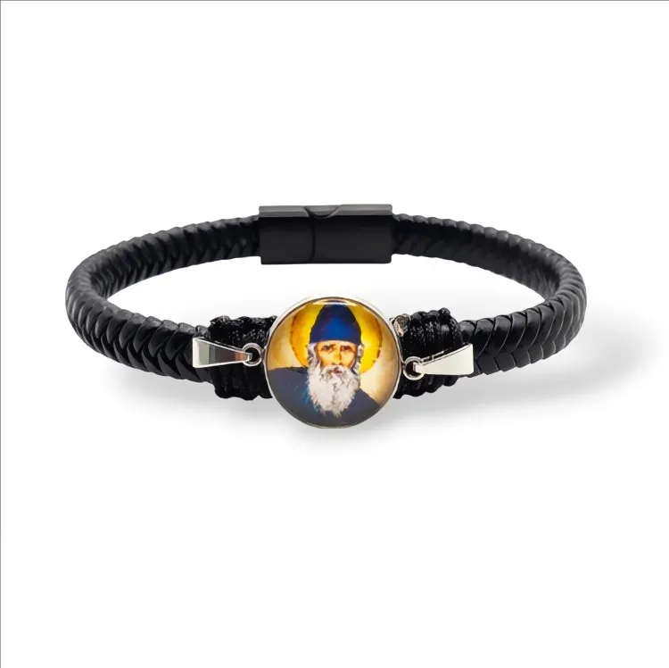 Ανδρικό Βραχιόλι Άγιος Παΐσιος Ατσάλι  Πλεκτό Μαύρο Δέρμα