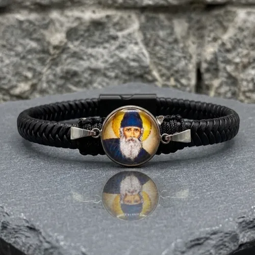 Ανδρικό Βραχιόλι Άγιος Παΐσιος Ατσάλι  Πλεκτό Μαύρο Δέρμα