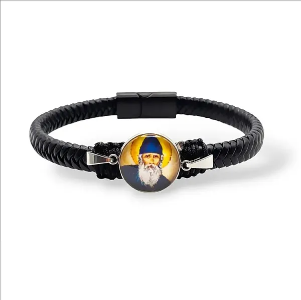 Ανδρικό Βραχιόλι Άγιος Παΐσιος Ατσάλι  Πλεκτό Μαύρο Δέρμα